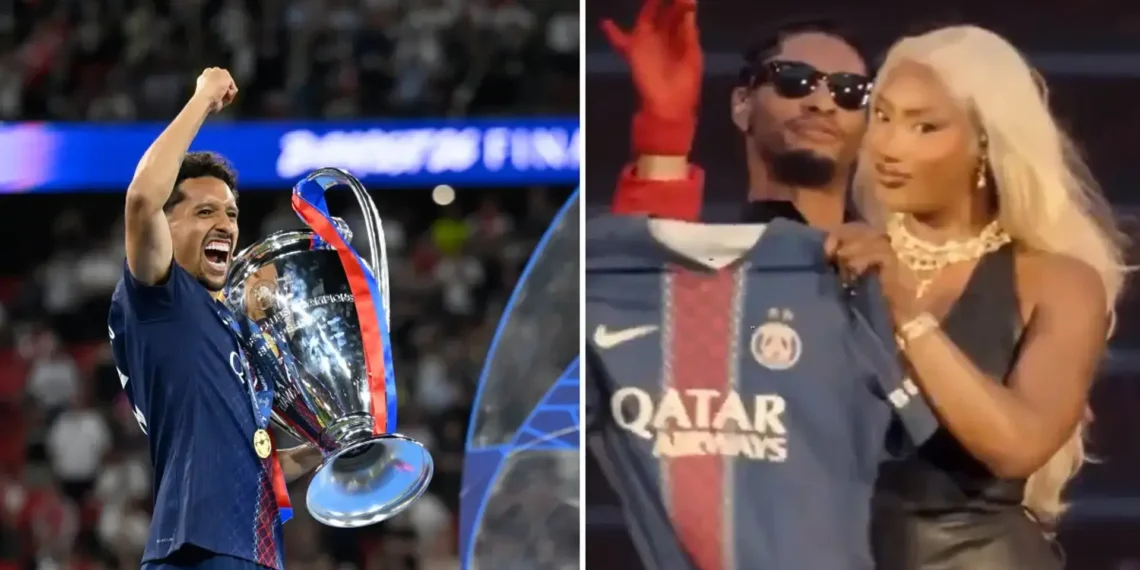 Aya Nakamura célèbre la victoire du PSG en Ligue des champions avec le maillot à deux étoiles du club